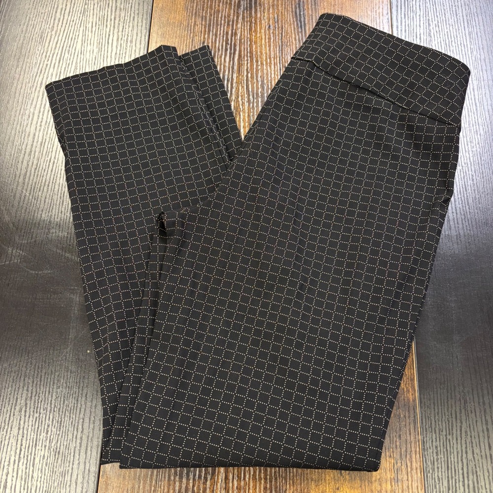 Zac & Rachel Womens Black Tan Windowpane Grid PullOn Dress Pants Size 8 Slit Hem